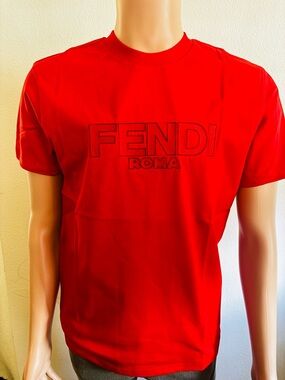 Fendi Red FENDI ROMA Embroidered Logo Short Sleeve Tee